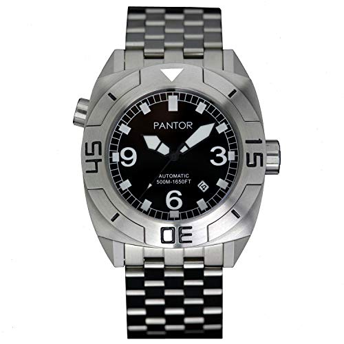 Pantor Seal Dive Watch 500m Pro Diver Watch for Men with Helium Valve Sapphire Crystal and Rotating Bezel, Steel Bracelet with Diving Watch Buckle
