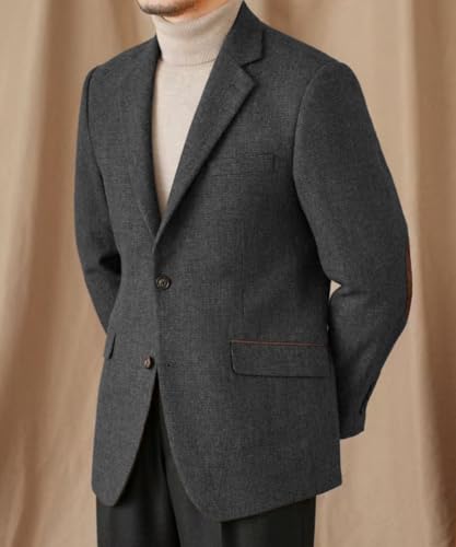 Mens Blazer Vintage Tweed Blend Two Button Sport Formal Coat Jacket with Pocket Square,Elbow Patch3