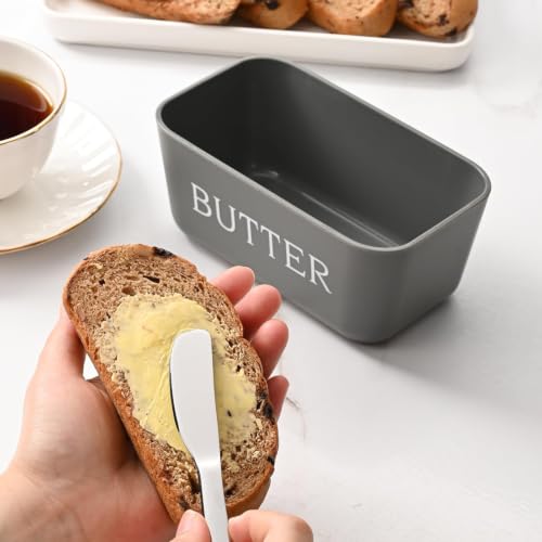 Image of Kyraton Large Plastic Butter Dish with Lid and Knife, Food Grade PP Butter Holder Keeper with Cover for Kitchen Refrigerator Butter Container (Grey)