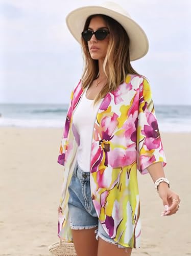 Image of Women's Floral Print Puff Sleeve Kimono Cardigan Loose Cover Up Casual Blouse Tops 2026