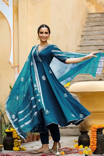 Image of GoSriKi Women's Cotton Blend Printed Anarkali Kurta with Pant & Dupatta | Ethnic Wear for Women | Indian Casual Office Daily Summer Outfit