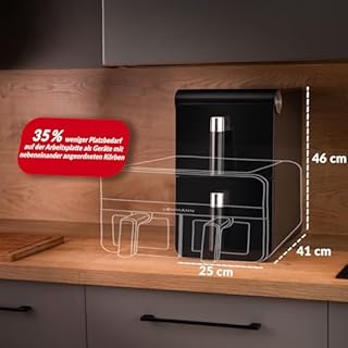 LEHMANN XXL Heißluftfritteuse 2 Kammern 11L, Airfryer Doppelkammer mit 2 vertikale Schubladen, 13 Programme, 50–200°C, Touchdisplay, Antihaftbeschichtung, ölfrei Air Fryer für große Familie