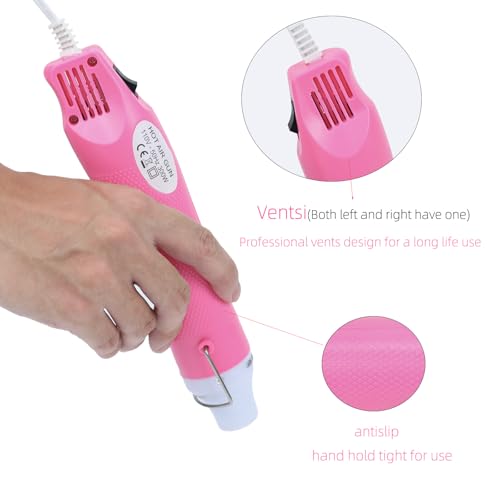 VortecSys Heat Gun, 110V 300W Handed Hot Air Gun for Crafting, 3.28FT Ultra-Long Cable Portable Heat Gun with Stand and Power Cord for Shrinking Wrapping PVC, DIY Embossing and Drying Paint (Pink)