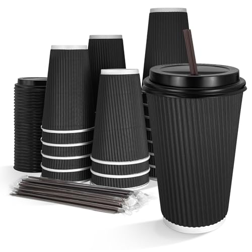 16 oz Disposable Coffee Cups with Lids 50 Pack, BPI-Certified Compostable Paper Cups with Lids and Straws, 3-Layer Insulated Corrugated To Go Cups for Hot & Cold Drinks, Home Office Travel (Black)
