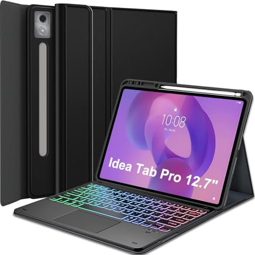 Nanhent Touchpad Keyboard Case for Lenovo Idea Tab Pro 12.7 Inch 2025 TB-373FU TB-375FC, 7 Color Rainbow Backlight Detachable Bluetooth Trackpad Keyboard Folio Smart Cover with Pen Holder