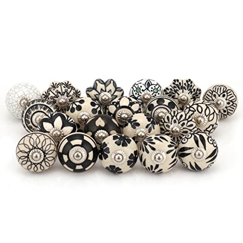 Image of ROCOCO Vintage Pottery Ceramic Door Knobs and Drawer Handle /Pulls - (Black and White, Assorted Blue, D-1.7 x H-2.5 Inches) - Pack of 25.