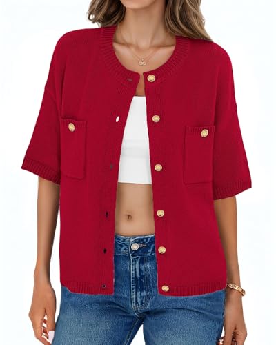 Image of Womens Cardigan Sweaters Short Sleeve 2025 Button Up Y2k Summer Crew Neck Crop Lightweight Knit Shirt Tops