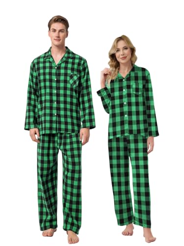 Schbbbta Pajamas for Mens, Flannel Black Green Family Plaid Pajamas Cotton 2-Piece Button Down Sleepwear Pjs Sets, Black Green, US L2