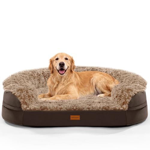 Image of iweepet Fluffy Orthopedic Dog Beds for Large & Extra Large Dogs, 44 inch Dog Sofa Bed with Supportive 28D Egg-Crate Foam, Removable Washable Cover, Waterproof Lining, for Puppy,Senior,Sick,Brown