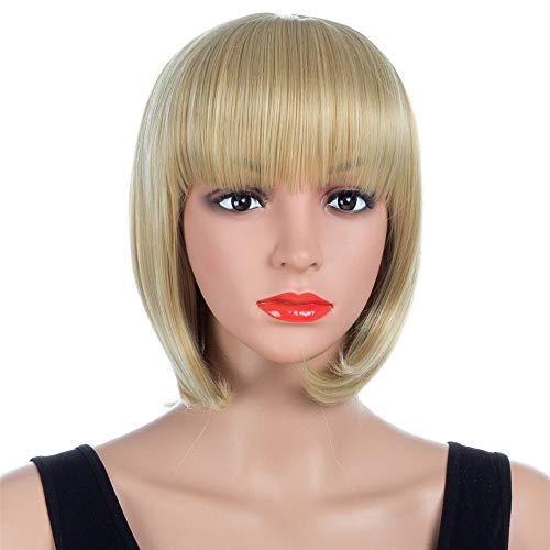 Short Bob Hair Wig with Bangs for Women Straight Hair Wig Synthetic Cosplay Daily Party Wig 12inch(Short Bob Wig Yellow)