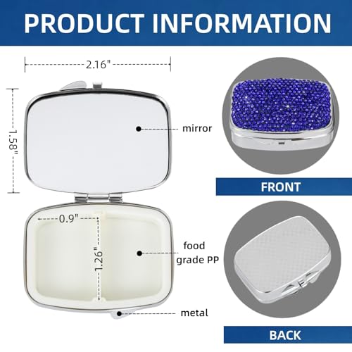 Image of Pocket Pharmacy Bling 2 Compartment Medicine Organizer Small Cute Pill Container Travel Pill Box Case for Purse Square Vitamin Holder for Pocket(Dark Blue)