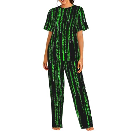 Pyjama court femme motif binaire vert ensemble nuit fluide léger