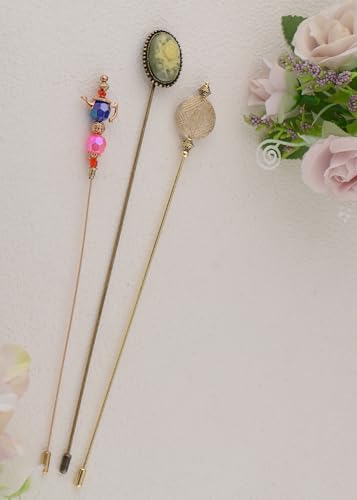 Image of Alilang Magic Lamp Pearl Lady Camo Rose Heart Rhinestones 3Pcs Vintage Long Handle Hat and Lapel Pins with Flexible Bendable Design