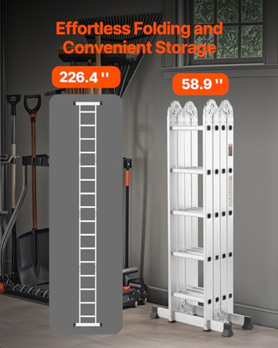 VEVOR Mehrzweckleiter, 7-in-1-Multifunktionsleiter, A-Rahmen, 5-Stufen-Teleskopleiter, Leitergerüst 5750 mm, verstellbare Hochleistungsleiter, 150 kg Tragkraft, für den Außenbereich zu Hause