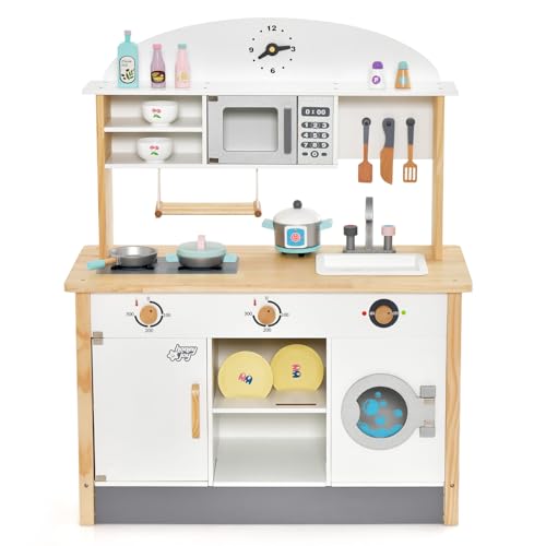 RELAX4LIFE Cucina Giocattolo per Bambini, Mini Cucina in Legno, 17 Accessori, Stile Moderno, Cucina Giocattolo con Microonde, Lavatrice, Lavello, Fornelli e Cappa, per Bambini 3+ Anni