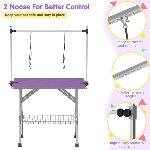 Image of Lyromix 36'' Stainless Steel Pet Dog Grooming Table, Arm /Noose /Tray, Purple