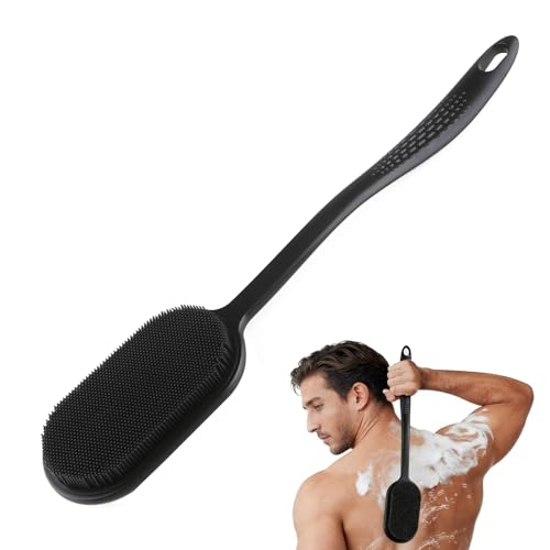 Double Sided Shower Back Scrubber - 42cm Long Handle Exfoliating Massage Body Brush Rich Lather Producing(Black)