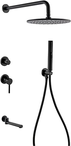 Matte Black Tub and Shower Faucet Set with Handheld Bathroom Rain Mixer Shower System with Tub Spout, 81012 Inch Shower Head and Handle Set, 3