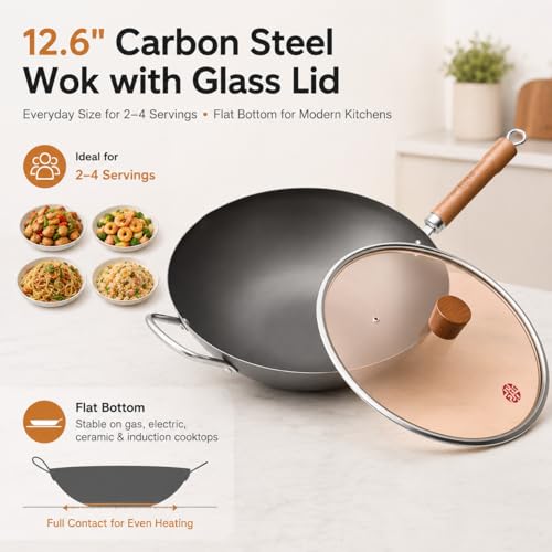 Image of WANGYUANJI 12.6 Inch Carbon Steel Wok with Lid, Flat Bottom Wok Pan for Induction, Electric and Gas Stoves, Uncoated Chinese Stir Fry Pan with Wooden Handle