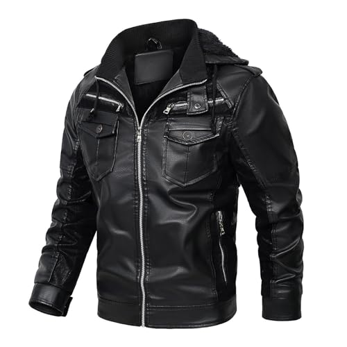 Générique Blouson Moto Homme a Capuche Veste Cuir Hiver Chaude Bombers en Polaire Aviateur Multipoche Jacket Couleur Unie Vestes d'Extérieur Manteau...