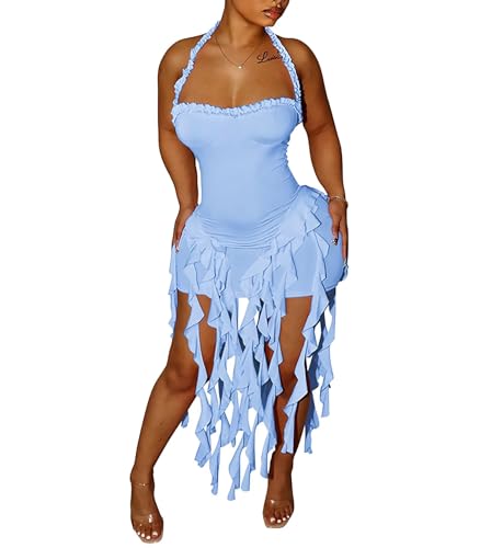 Image of Aro Lora Womens Sexy Halter Neck Sleeveless Ruffle Tassel Party Club Bodycon Mini Dress
