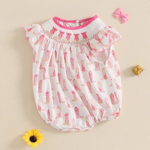 Western Baby Girl Clothes Infant Cowgirl Smocked Bubble Romper Newborn Boots Bow T Shirt Top Toddler Summer Outfit2