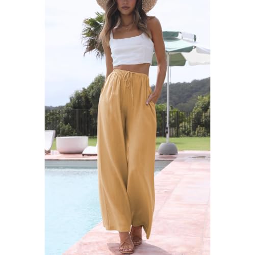 Image of Duyang Womens Cotton Linen Palazzo Pants Drawstring Elastic Waist Casual Wide Leg Trousers with Pockets