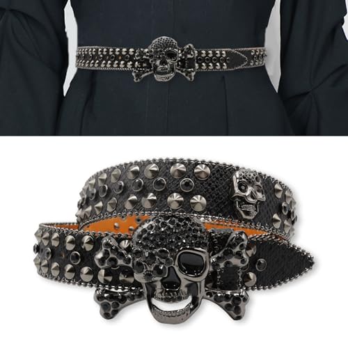 Popular Skull Snaps Buckle Belt for Pants Rhinestones Rivet Studded Belt for Jeans Pants Adult Unisex Waist Accessories2