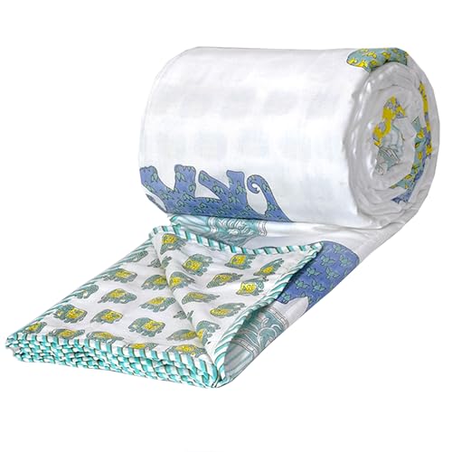 Image of TOAIArt Premium Jaipuri Dohar | AC Blanket Summer Quilt | Hand Block Printed | 3 Layers | Reversible | 150GSM 100% Mulmul Cotton | 100% Cotton Flannel Filling | Queen 90 inch X 108 inch |Multicolor Elephant