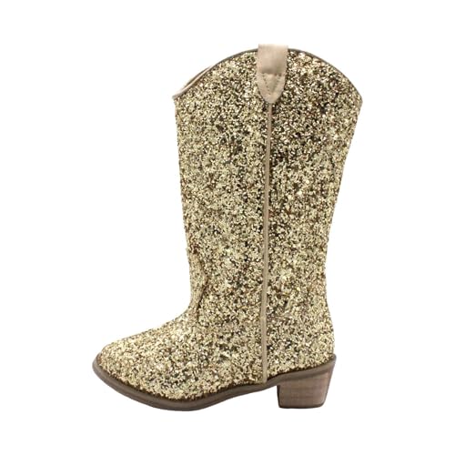 Girls Cowboy Sparkly Boots Pull On Non Slip Boots Pointed Toe Mid Calf Western Low Heels Boots for Little Kid Big Kid