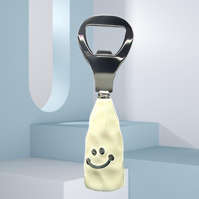 Bottle Opener Cute Smile With Ceramic Style Plastic Handle Stainless Steel Head Stand Up Design For Home Bar Parties, White