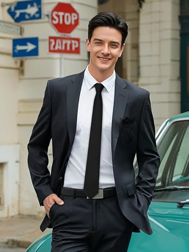 Image of Mantieqingway Black Tie Sets for Men Classic Solid Color Tie Handkerchief Pocket Square Holder Formal Graduation Wedding