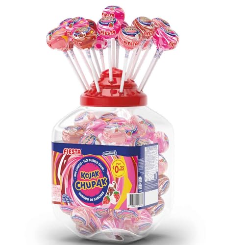 KOJAK ChupaK - Caramelos con Palo - Sabores Surtidos - SIN CHICLE - 115 Chupachups - Fresa, Cola, Fresa y Nata - FIESTA