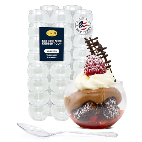 48 Pack 3oz Sphere Mini Dessert Cups With Spoons Parfait Professional-Grade Recyclable Clear Disposable Plastic Fishbowl for Parfait Desserts, Events, and Parties CMJJ