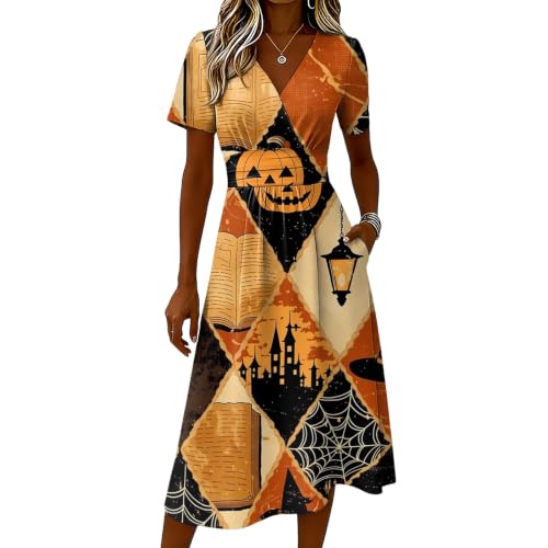 Robe midi imprimé citrouille araignée col V à manches courtes fluides - 3