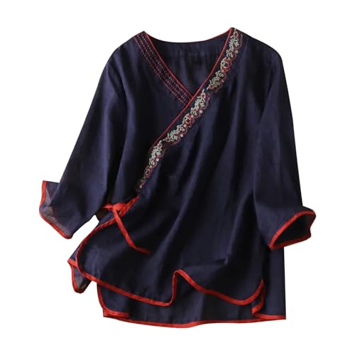 Camiseta Mujer Lino Algodón Manga Corta Camisa Estilo Chino Blusa Ligero Verano Moda Casual Color Sólido Cómodo Suelto Cuello en V Cordón Tops T Shirt Elegante Basic tee Talla Grande