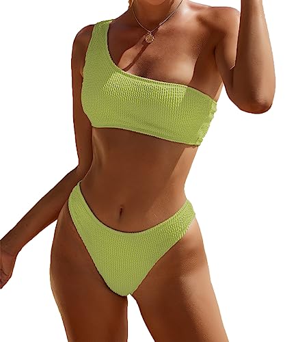 Image of YIMISAN Women's Ribbed Bikini Sets One Shoulder Top with Mid Waist Two Piece Bathing Suit