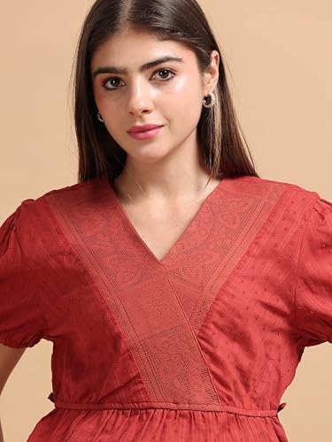 Image of Glam & Chique Women's 100% Cotton Textured Dobby Lace Panel Peplum Crop Top XS-2XL
