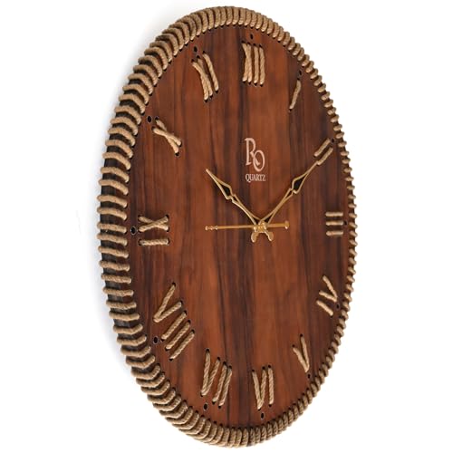 Image of Wooden Round Shape Roman Dial Wall Clock with Brown Jute Detailing & Golden Hands | Silent Quartz Movement, Anti-Glare Finish Analog Vintage Clock for Home & Office (Brown, 15.5 Inch)