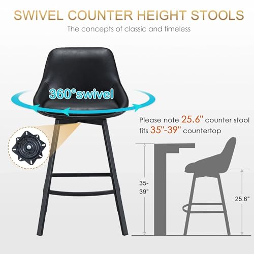Image of Zesthouse Swivel Counter Height Stools Set of 2, Modern Upholstered Barstools with Backs, 26'' Faux Leather High Chairs for Island Kitchen, Counter Height Chairs with Metal Legs, Black