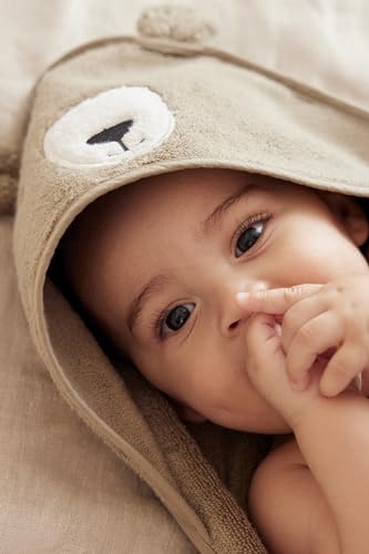 Image of MORI Baby Hooded Bath Towel with Bear Design in Taupe - Unisex Soft Cotton Wrap Cloth for Infants and Newborns - 30 x 30 inch