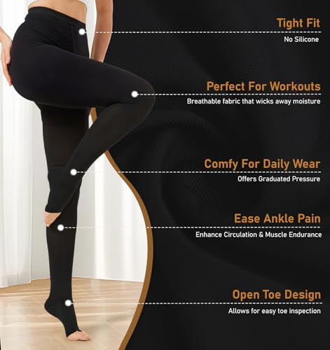 Image of NURCOM 20-30 mmHg Compression Pantyhose for Women & Men, Open Toe Medical Compression Stockings, Waist High Opaque Compression Tights, Graduated Support for Varicose Veins, Edema, DVT, Post Surgery