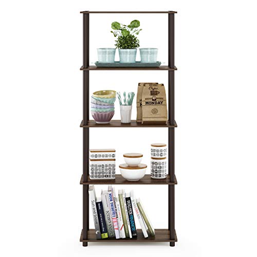 Image of Furinno TURN-N-TUBE Storage Shelves, 5-Tier Book Shelf, Corner Shelf, Toolless Open Shelves, for Organization and Storage, Living Room, Garage, Home Office, Walnut