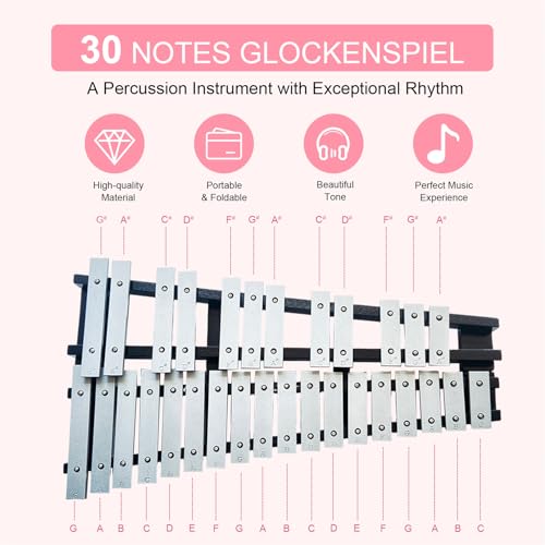 Image of 30 Note Glockenspiel Xylophone Bell Kit,Foldable Xylophone Percussion Instrument with 4 Mallets,Shoulder Strap and Carrying Bag,Professional Percussion Instrument Set for Adults & Students