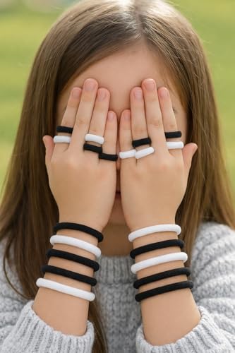 Image of Frescorr (100 pcs) Baby Hair Ties | Soft No-Damage Premium Elastic Mini Rubber Bands for girls | Strong Stretch Ponytail Holders | Daily Use Hair Accessories | (white-Black)