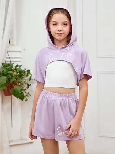 Image of SweatyRocks Girl's 3 Piece Outfits Letter Print Short Sleeve Hooded Tops and Cami Tops with Shorts Set