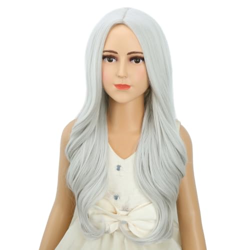 Image of Sliver Gray Wig Long Slive Grey Wavy Curly Wig Long Middle Part Wigs Heat Resistant Synthetic Wigs with Cap (Small Size)