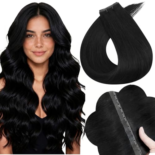 Image of Full Shine Butterfly Weft Hair Extensions Human Hair 18 Inch 50G Jet Black | Thin Double Sided PU Holes, Invisible Micro Beads Installation, Natural Look for Daily Wear, Lightweight Feel