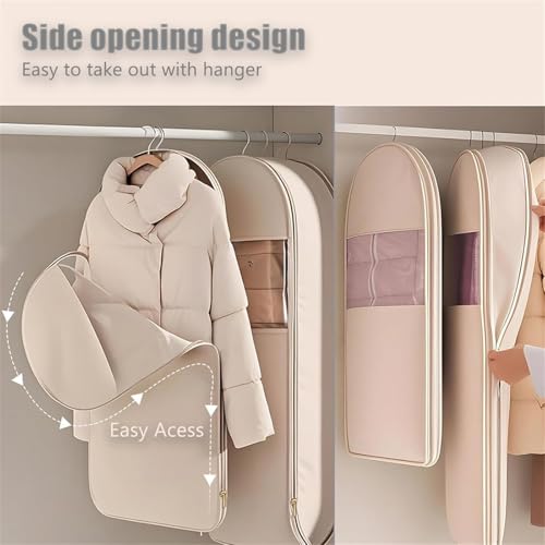 Space Saving Hanging Garment Bag with Self Compression Zipper, Space Saver Closet Organizers, Dust Cover Clothes Bags for Down Coat, for Closet Storage (Beige, (Medium+Large+X-Large)3Pcs)4