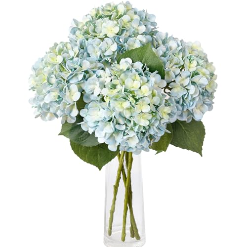 Leftover 4 Pcs Light Blue Hydrangea Artificial Flowers,21" Real Touch Faux Hydrangea Flowers with 3 PCS Butterflies for Hydrangea Decor,Floral Arrangements for Centerpiece Table Decorations,Home Decor
